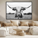 20272-MGV-CV-36X24-Highland Cow Wall Art – Black and White Western Longhorn Canvas Print, Farmhouse Living Room Decor Southwestern Animal Artwork for