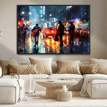 94605-MGV-CV-36X24-City Jazz Night Wall Art – Vibrant Music Canvas Print Featuring Saxophone, Guitar and Bass Players, Urban Street Scene Artwork for