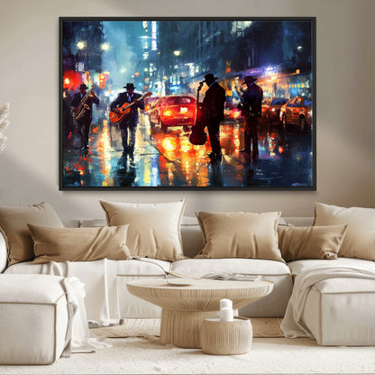 94605-MGV-CV-36X24-City Jazz Night Wall Art – Vibrant Music Canvas Print Featuring Saxophone, Guitar and Bass Players, Urban Street Scene Artwork for