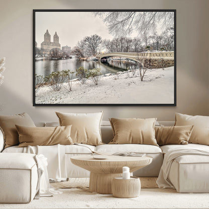 60292-MGV-CV-36X24-Central Park Winter Wall Art – Snowy Bow Bridge Canvas Print, Scenic New York City Landscape Photography for Living Room, Bedroom
