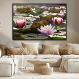 72218-MGV-CV-36X24-Water Lily Pond Wall Art – Pink Lotus Flowers Canvas Print with Green Lily Pads, Peaceful Botanical Artwork for Living Room,