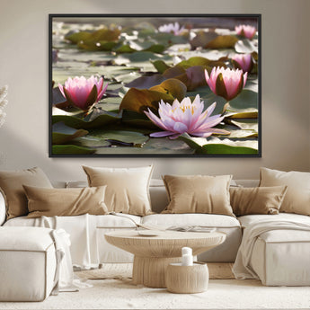 72218-MGV-CV-36X24-Water Lily Pond Wall Art – Pink Lotus Flowers Canvas Print with Green Lily Pads, Peaceful Botanical Artwork for Living Room,