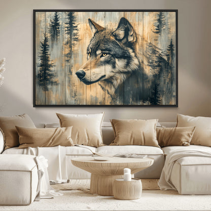 51892-MGV-CV-36X24-Wolf Wall Art – Rustic Canvas Print of Wolf with Forest Trees on Wood Texture, Wildlife Lodge Artwork for Living Room, Bedroom,