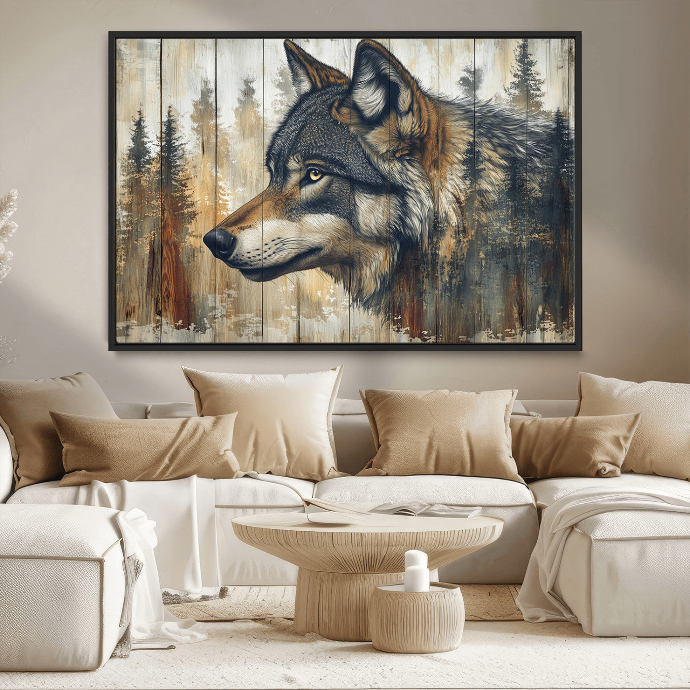 91882-MGV-CV-36X24-Wolf Wall Art – Rustic Canvas Print of Forest Wolf on Wood Background, Wildlife Lodge Artwork for Living Room, Bedroom, Cabin, or