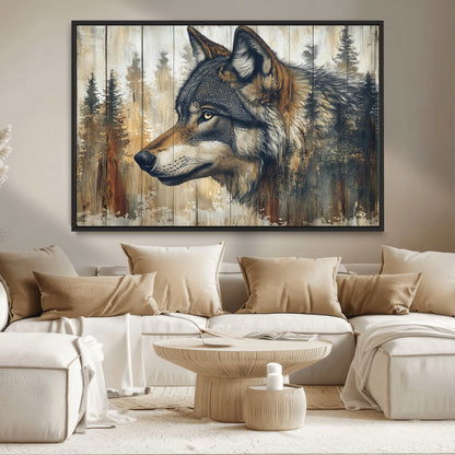 91882-MGV-CV-36X24-Wolf Wall Art – Rustic Canvas Print of Forest Wolf on Wood Background, Wildlife Lodge Artwork for Living Room, Bedroom, Cabin, or