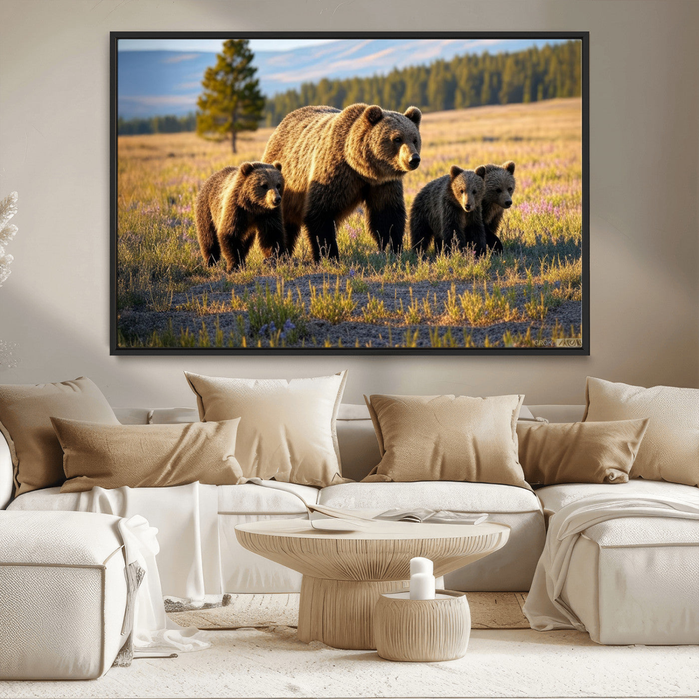43400-MGV-CV-36X24-Bear Family Wall Art – Wildlife Canvas Print of Mother Bear with Cubs in Sunlit Meadow, Rustic Animal Artwork for Living Room,