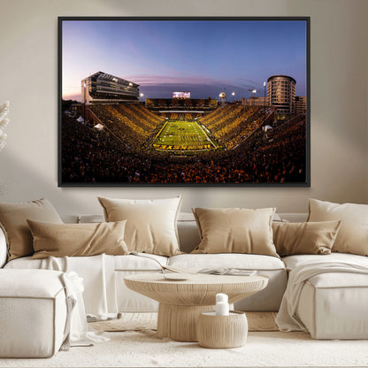 82557-MGV-CV-36X24-College Football Stadium Wall Art – Panoramic Sunset Canvas Print with Marching Band and Game Day Crowd, Sports Artwork for Man