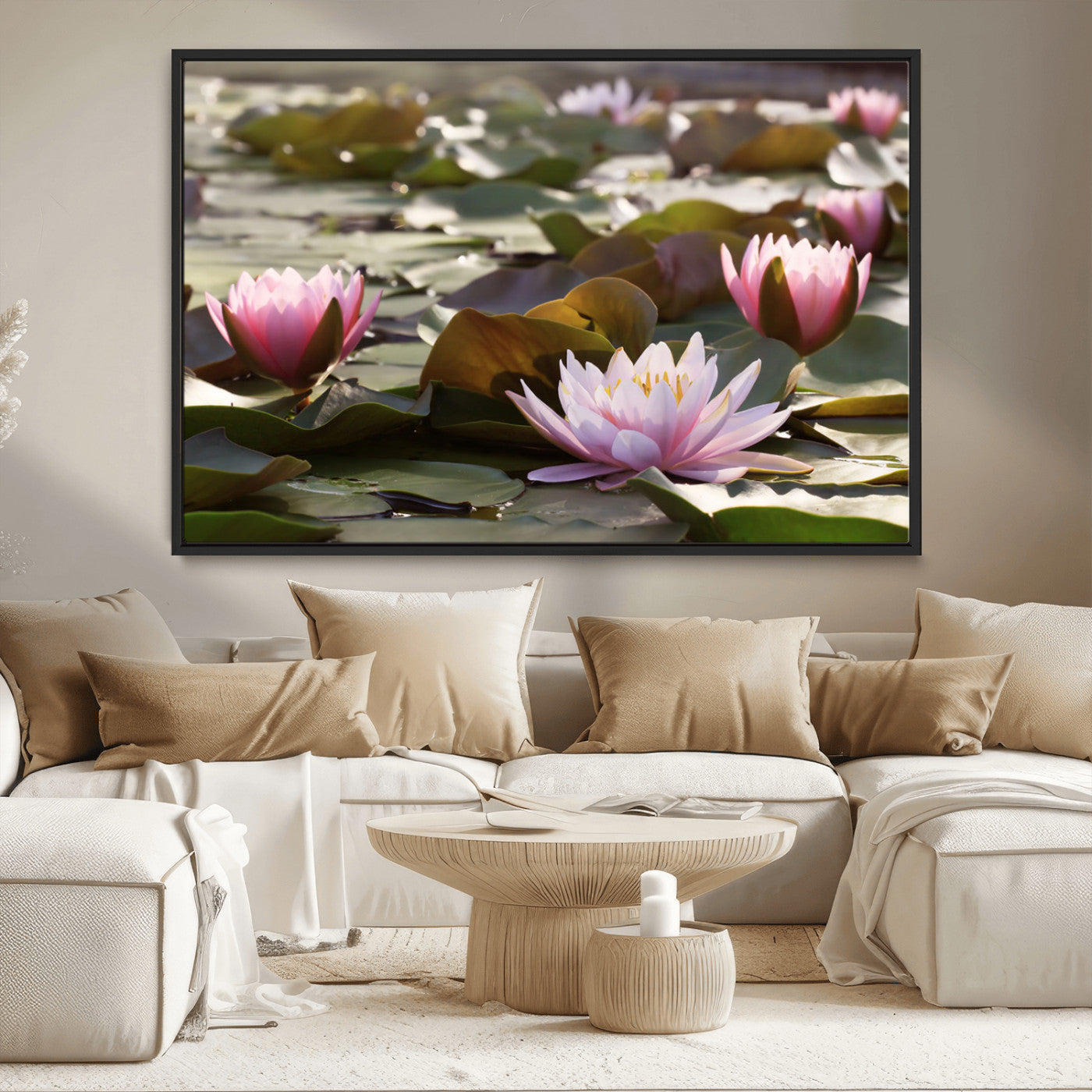 28394-MGV-CV-36X24-Water Lily Pond Wall Art – Pink Lotus Flowers Canvas Print with Green Lily Pads, Peaceful Botanical Artwork for Living Room,