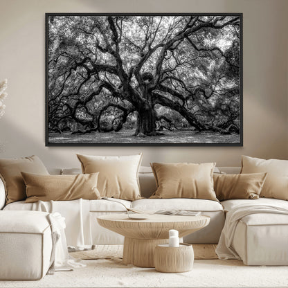 132944706-MGV-CV-36X24-Ancient Tree Wall Art – Black and White Photography Canvas Print Featuring Majestic Twisting Branches, Rustic Nature Artwork for
