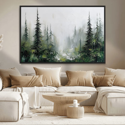 76014-MGV-CV-36X24-Forest Wall Art – Textured Canvas Print Featuring Misty Evergreen Pines and Woodland Landscape, Rustic Nature Artwork for Living