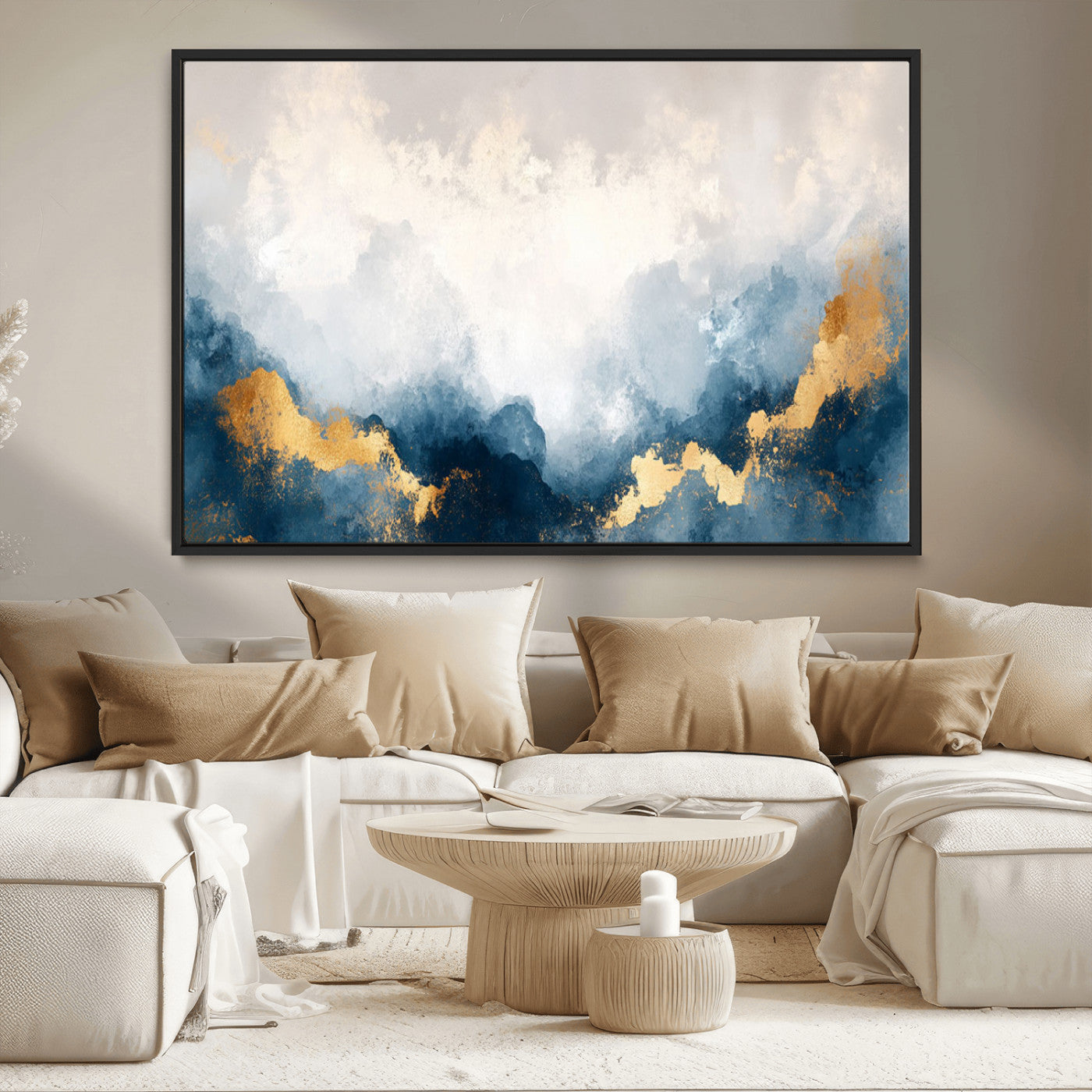 14578-MGV-FC-36X24_Black-Abstract Wall Art – Modern Canvas Print Featuring Blue and White Clouds with Golden Accents, Contemporary Elegant Artwork for