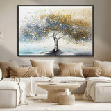 24771-MGV-CV-36X24-Silver Tree Wall Art Canvas Print, Framed Golden Leaves Art Picture Print, Metallic Tree Perfect Minimalist Luxury Decor Artwork