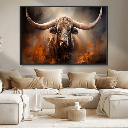 240479-MGV-CV-36X24-Longhorn Bull Wall Art – Dramatic Western Canvas Print Featuring Horned Bull with Fiery Background, Rustic Farmhouse Artwork for
