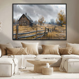 Farm1-MGV-CV-36X24-Rustic Autumn Farmhouse Wall Art – Serene Countryside Scene Canvas Print, Weathered Barn and Autumn Trees Decor for Living Room,