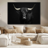 97914921-MGV-CV-36X24-Black Bull Wall Art Canvas Print, Framed Longhorn Bull Art Picture Print, Western Bull Perfect Monochrome Western Decor Artwork
