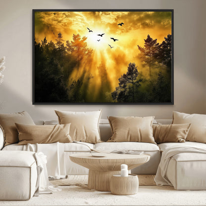 13776802-MGV-CV-36X24-Golden Forest Wall Art Canvas Print, Framed Sunset Pines Art Picture Print, Flying Birds Perfect Nature Glow Decor Artwork