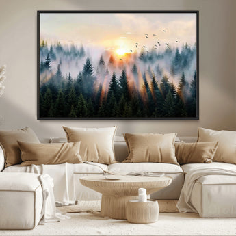 56391411-MGV-CV-36X24-Misty Forest Wall Art Canvas Print, Framed Sunrise Pines Art Picture Print, Moody Pines Perfect Serene Woodland Decor Artwork