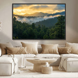 68082278-MGV-CV-36X24-Mountain Sunrise Wall Art Canvas Print, Framed Pine Forest Art Picture Print, Misty Mountains Perfect Earthy Woodland Decor