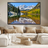 87724099-MGV-CV-36X24-Maroon Bells Wall Art Canvas Print, Framed Snowy Mountains Art Picture Print, Pine Forest Perfect Vibrant Alpine Decor Artwork