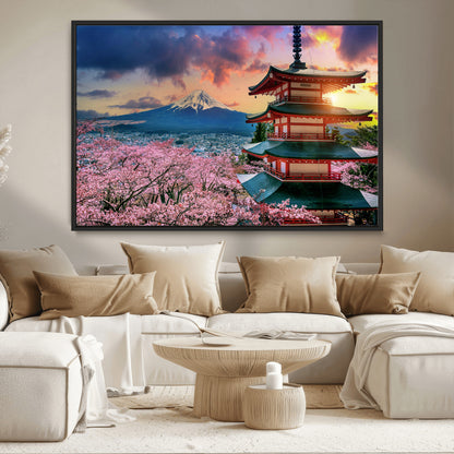 32331262-MGV-CV-36X24-Mount Fuji Japan Wall Art – Cherry Blossom Landscape Canvas Print, Chureito Pagoda Sunset Photography, Japanese Nature Travel
