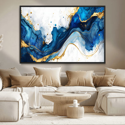 33506371-MGV-CV-36X24-Blue Marble Wall Art Canvas Print, Framed Gold Splash Art Picture Print, Abstract Wave Perfect Modern Luxe Decor Artwork