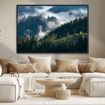84598503-MGV-CV-36X24-Misty Forest Wall Art Canvas Print, Framed Pine Hills Art Picture Print, Moody Hills Perfect Moody Woodland Decor Artwork