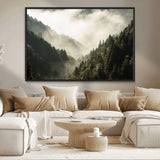 57570237-MGV-CV-36X24-Misty Valley Wall Art Canvas Print, Framed Foggy Forest Art Picture Print, Pine Trees Perfect Moody Woodland Decor Artwork