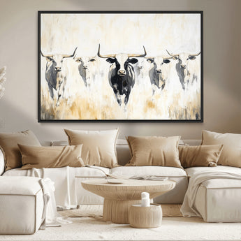 40397799-MGV-CV-36X24-Texas Longhorn Wall Art Canvas Print, Framed Rustic Herd Art Picture Print, Western Bull Perfect Neutral Western Decor Artwork