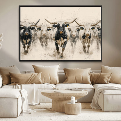 61538944-MGV-CV-36X24-Texas Longhorn Wall Art Canvas Print, Framed Cattles Walking Art Picture Print, Black White Bulls Perfect Rustic Western Decor