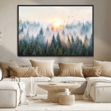 92718976-MGV-CV-36X24-Misty Forest Wall Art Canvas Print, Framed Sunrise Pines Art Picture Print, Foggy Woodland Perfect Moody Woodland Decor Artwork