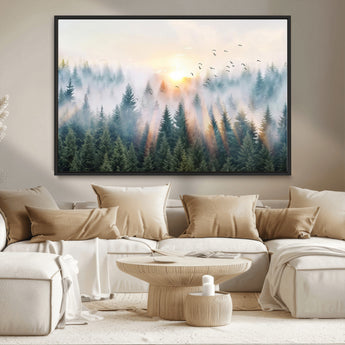92718976-MGV-CV-36X24-Misty Forest Wall Art Canvas Print, Framed Sunrise Pines Art Picture Print, Foggy Woodland Perfect Moody Woodland Decor Artwork