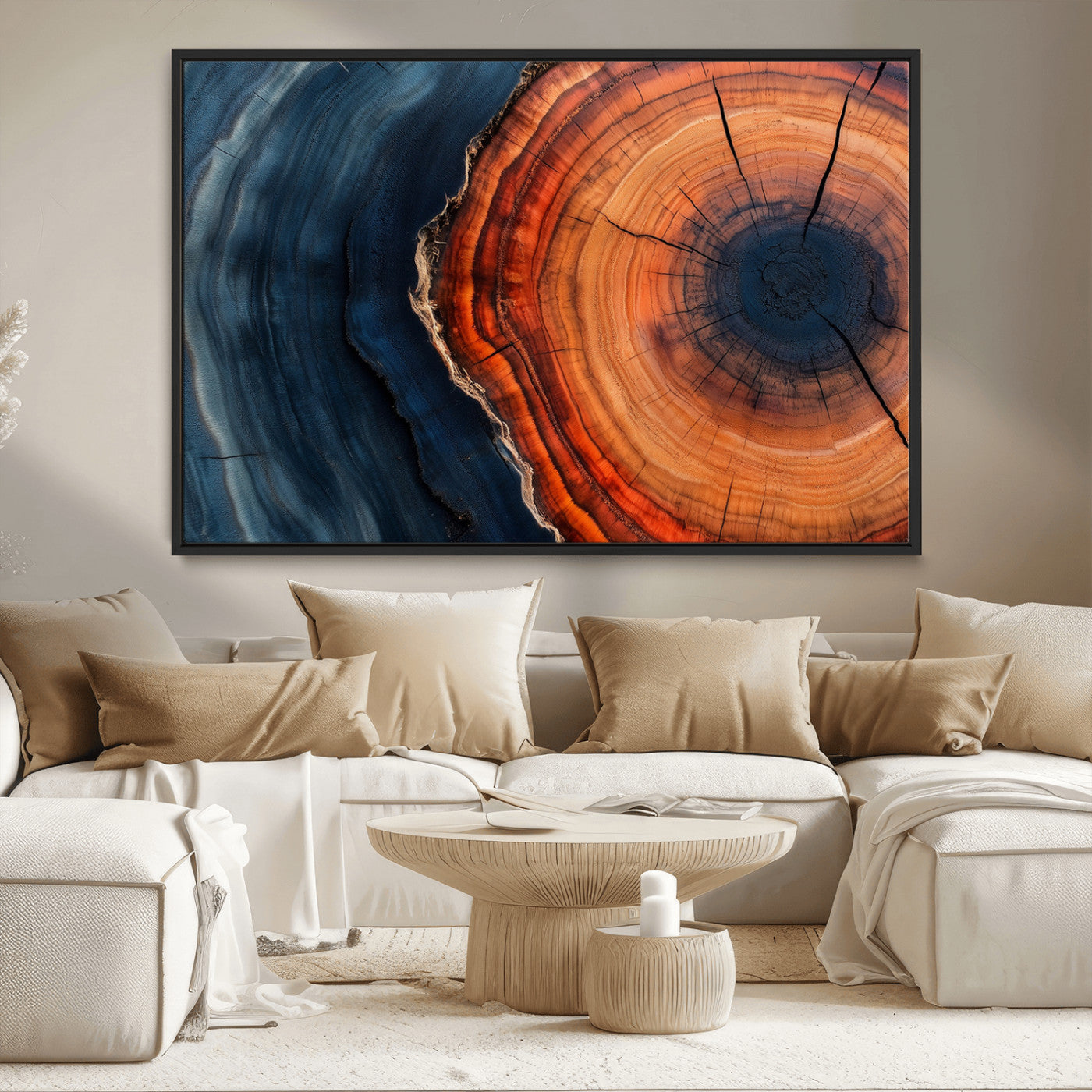 57732250-MGV-CV-36X24-Tree Ring Abstract Wall Art – Blue Orange Wood Grain Canvas Print, Modern Rustic Nature Artwork for Living Room, Office,