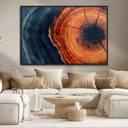 57732250-MGV-CV-36X24-Tree Ring Abstract Wall Art – Blue Orange Wood Grain Canvas Print, Modern Rustic Nature Artwork for Living Room, Office,