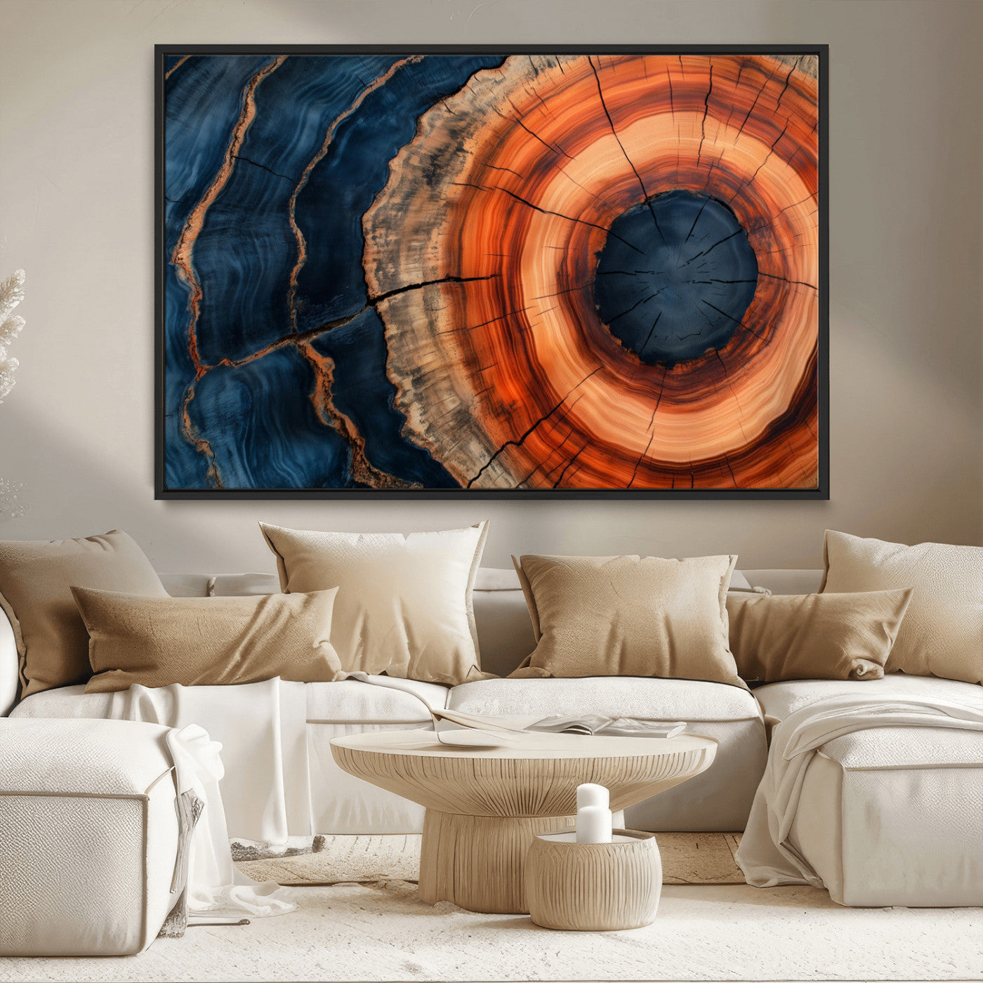 41123192-MGV-CV-36X24-Tree Ring Canvas Wall Art – Abstract Blue Orange Wood Grain Print, Rustic Modern Nature Artwork for Living Room, Bedroom, Office