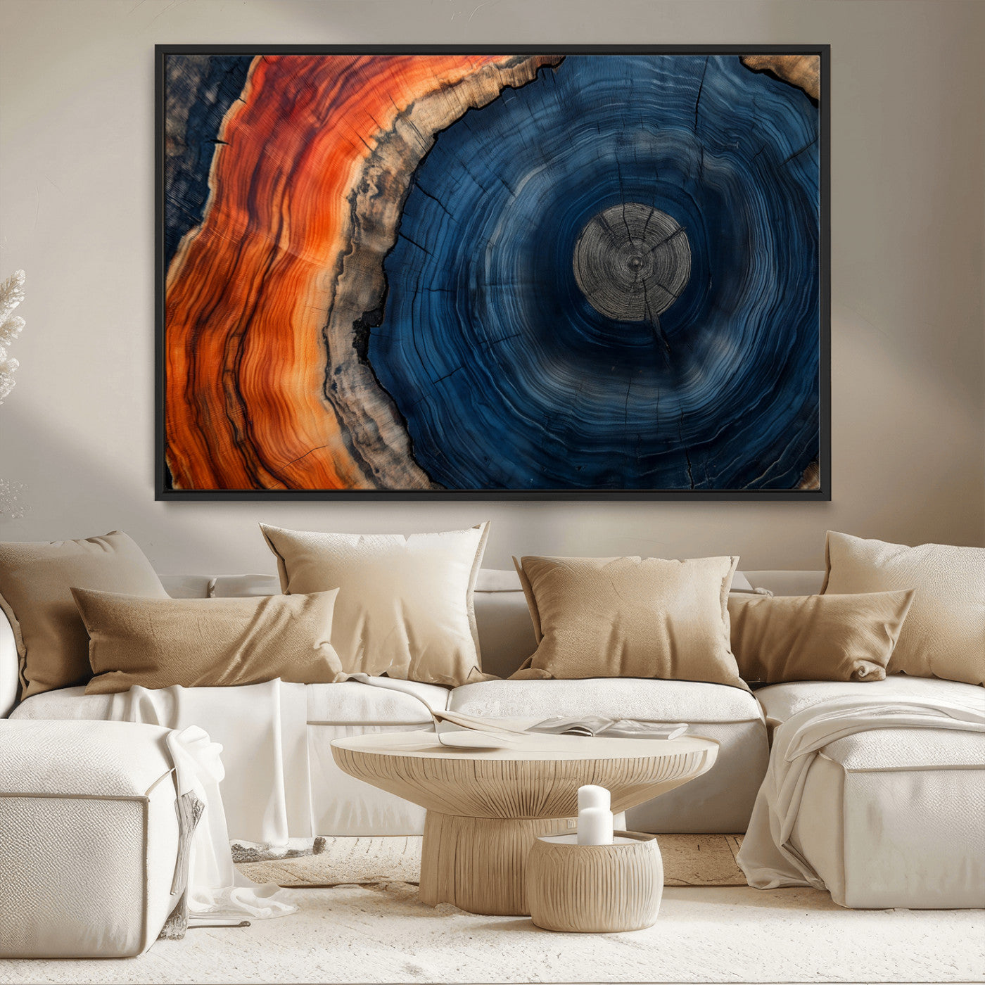 99491700-MGV-CV-36X24-Tree Ring Canvas Wall Art – Blue Orange Abstract Wood Grain Print, Rustic Modern Nature Artwork for Living Room, Office, Bedroom