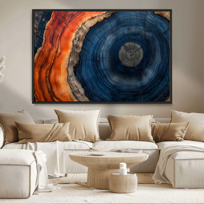 99491700-MGV-CV-36X24-Tree Ring Canvas Wall Art – Blue Orange Abstract Wood Grain Print, Rustic Modern Nature Artwork for Living Room, Office, Bedroom