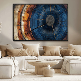 60099360-MGV-CV-36X24-Blue Tree Ring Wall Art – Rustic Wood Grain Canvas Print, Modern Abstract Artwork with Natural Texture for Living Room, Bedroom,