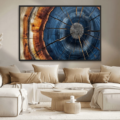 45268471-MGV-CV-36X24-Blue Tree Ring Wall Art – Rustic Wood Cross Section Canvas Print, Modern Abstract Nature Decor for Living Room, Office, or Cabin