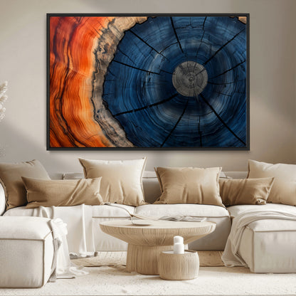 26110607-MGV-CV-36X24-Blue and Orange Tree Ring Wall Art – Abstract Wood Cross Section Canvas Print, Modern Rustic Nature Decor for Living Room, Office,