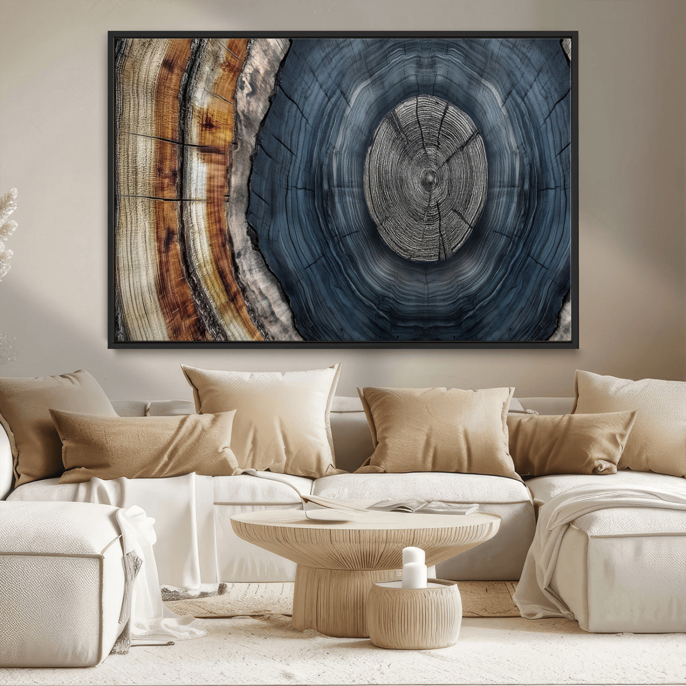 91368647-MGV-CV-36X24-Smoky Blue Tree Ring Wall Art – Rustic Wood Cross Section Canvas Print, Modern Nature Inspired Decor for Living Room, Office, or