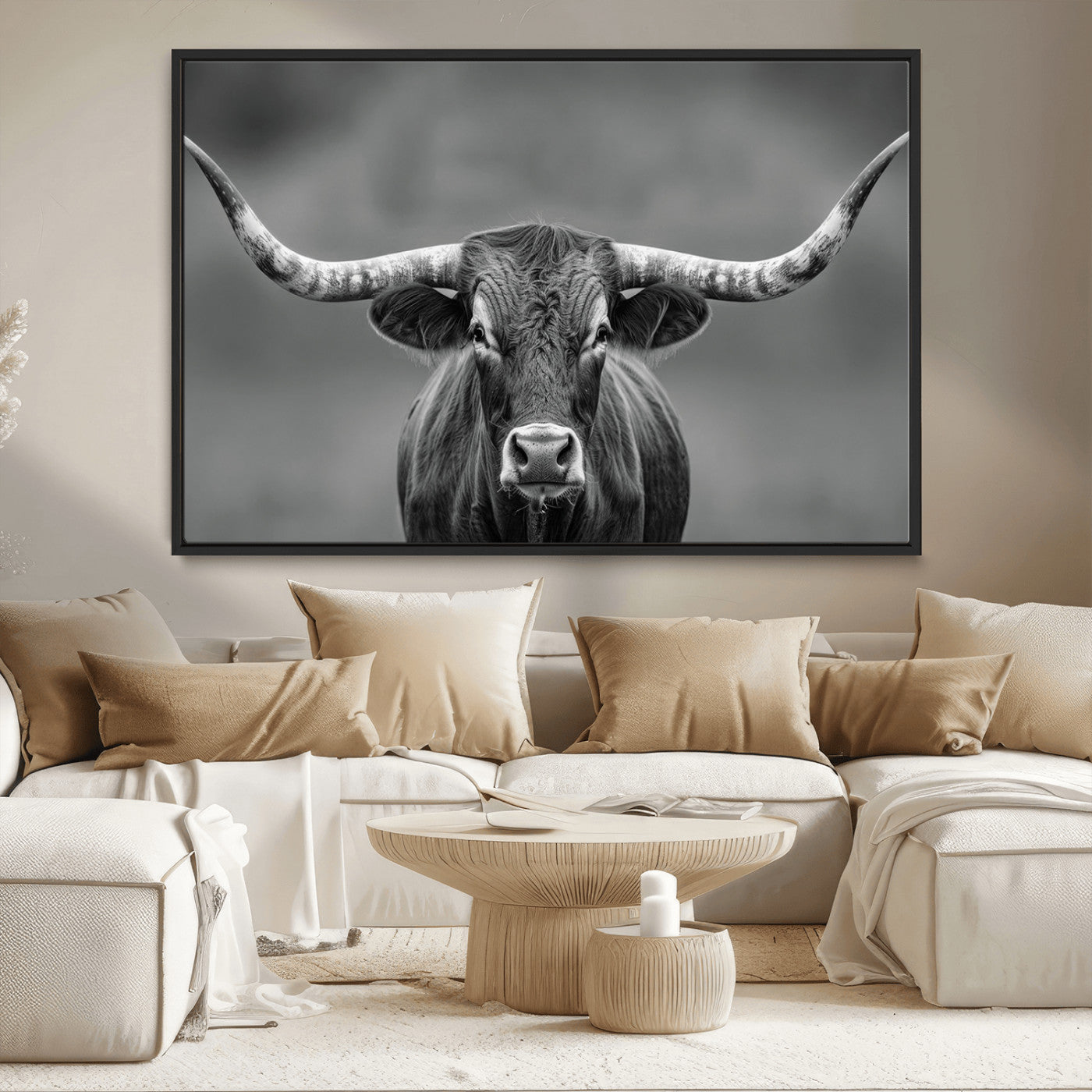 81228550-MGV-CV-36X24-Framed Texas Longhorn Bull Art Canvas Print, Western Bull Wall Art Print, Long Horn Bull Photo Print for Log Cabin, Large Bull