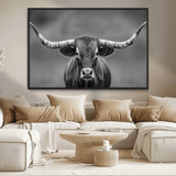 81228550-MGV-CV-36X24-Framed Texas Longhorn Bull Art Canvas Print, Western Bull Wall Art Print, Long Horn Bull Photo Print for Log Cabin, Large Bull