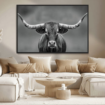 81228550-MGV-CV-36X24-Framed Texas Longhorn Bull Art Canvas Print, Western Bull Wall Art Print, Long Horn Bull Photo Print for Log Cabin, Large Bull