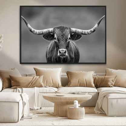 81228550-MGV-CV-36X24-Framed Texas Longhorn Bull Art Canvas Print, Western Bull Wall Art Print, Long Horn Bull Photo Print for Log Cabin, Large Bull