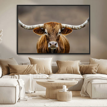 12179171-MGV-CV-36X24-Texas Longhorn Wall Art Canvas Print, Framed Brown Bull Art Picture Print, Lone Cattle Perfect Rustic Western Decor Artwork