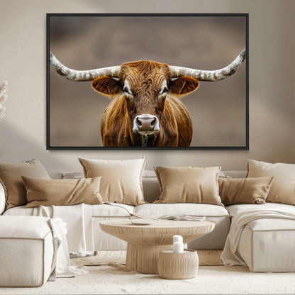 12179171-MGV-CV-36X24-Texas Longhorn Wall Art Canvas Print, Framed Brown Bull Art Picture Print, Lone Cattle Perfect Rustic Western Decor Artwork