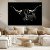 37531960-MGV-FC-36X24_Black-Black Longhorn Bull Wall Art – Dramatic Western Cattle Canvas Print, Rustic Farmhouse Animal Artwork for Living Room, Bedroom,