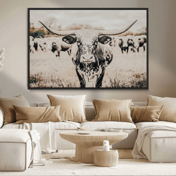 27497342-MGV-CV-36X24-Texas Longhorn Wall Art Canvas Print, Framed Speckled Cow Art Picture Print, Horned Cattle Perfect Rustic Western Decor Artwork