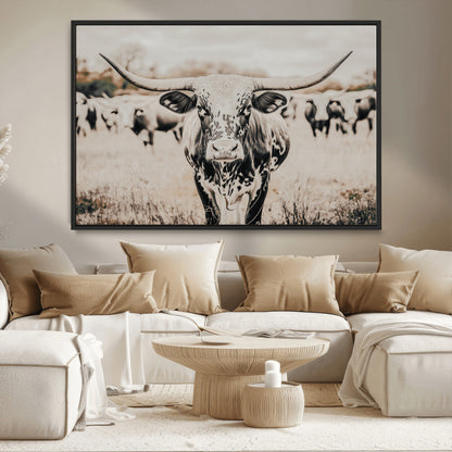 27497342-MGV-CV-36X24-Texas Longhorn Wall Art Canvas Print, Framed Speckled Cow Art Picture Print, Horned Cattle Perfect Rustic Western Decor Artwork