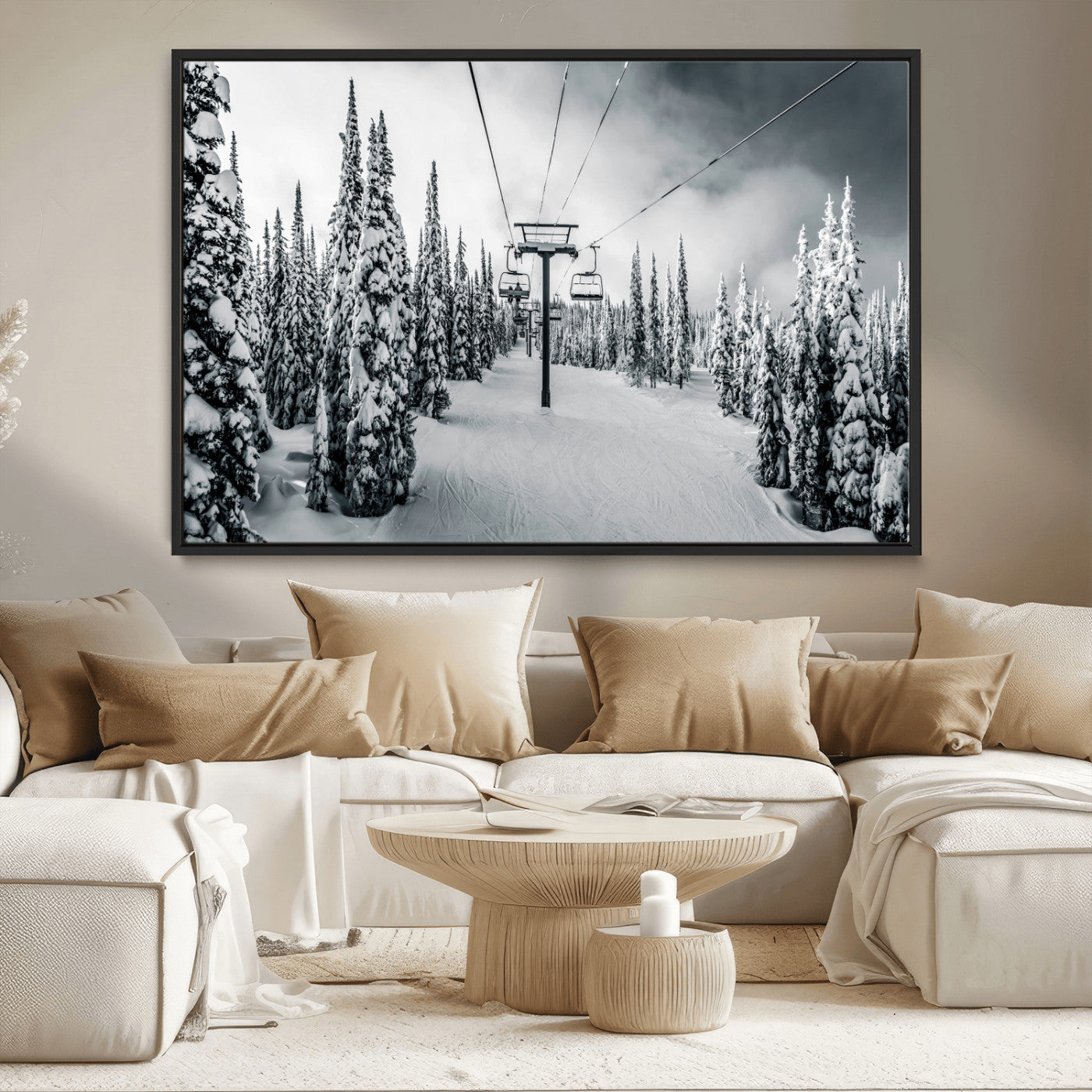 31156828-MGV-CV-36X24-Snowy Pines Wall Art Canvas Print, Framed Ski Lift Art Picture Print, Winter Forest Perfect Moody Lodge Decor Artwork
